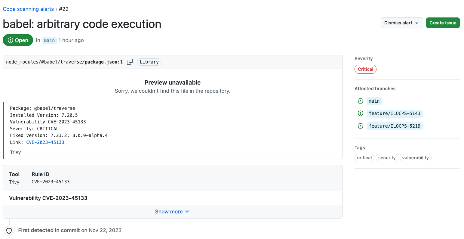 Vulnerable package findings with Trivy